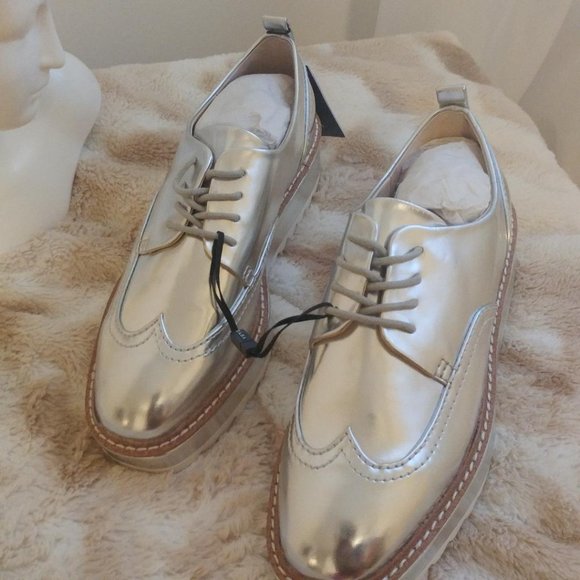 Zara Silver Platform Wingtip Oxfords Size 6 NWT